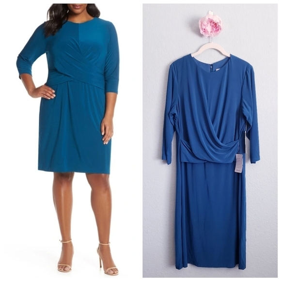 Eliza J Ruched Waist Sheath Long Sleeve Dress in Teal - Picture 1 of 8